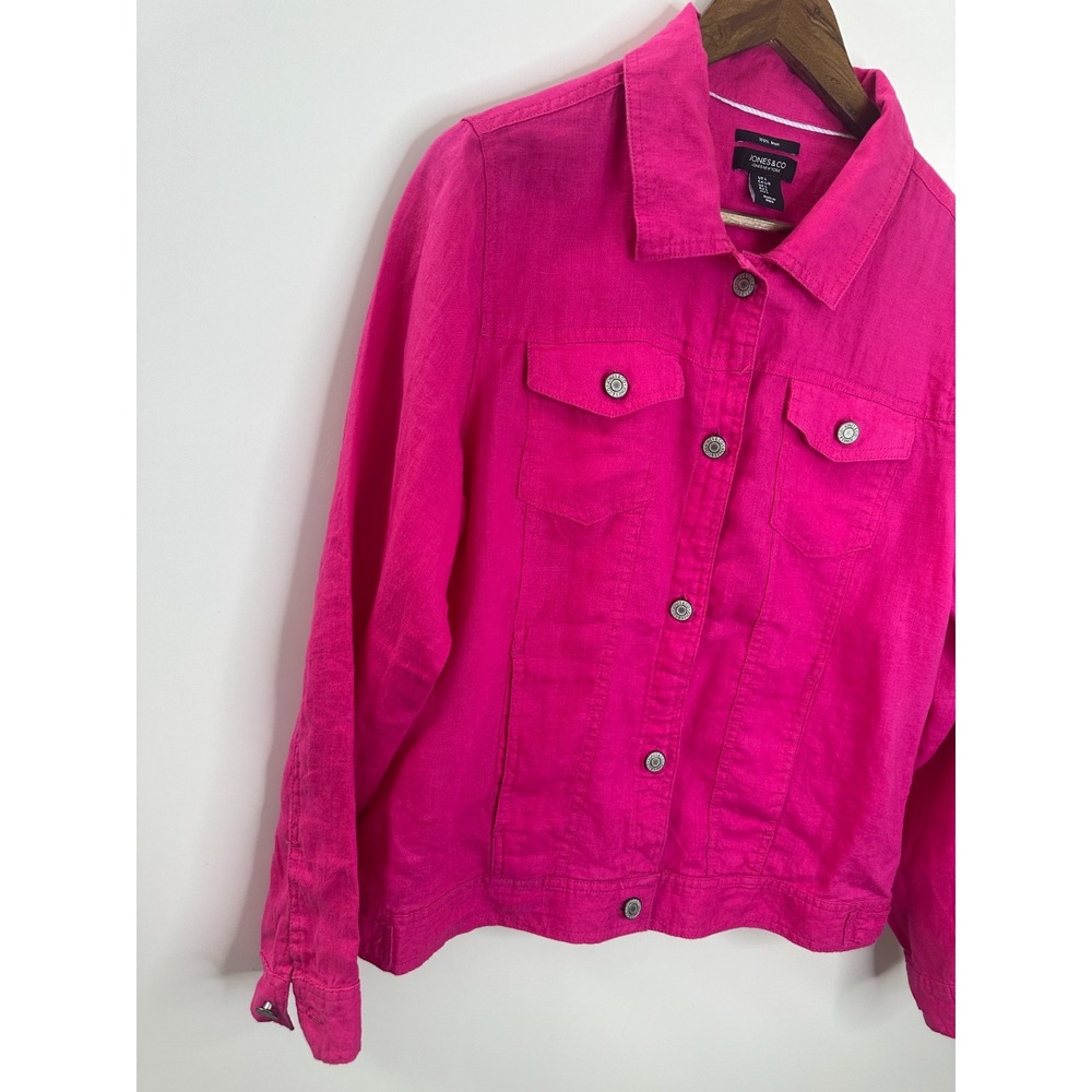 Jones & Co 100% Linen Jones New York Pink Trucker Jacket Large Fuchsia Layering - Picture 3 of 10